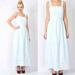 Vintage 70s Blue Lace Floral Daisy Boho Maxi Dress